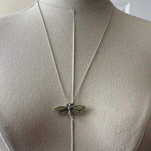 1928 Silver-Tone Dragonfly Necklace with Olive-Green Enamel Wings
